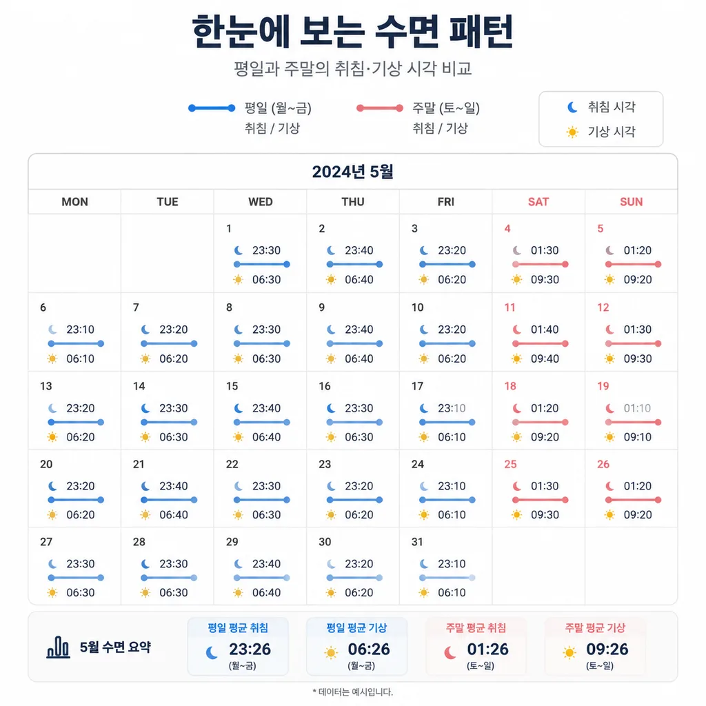평일과 주말의 수면 리듬 차이를 비교한 주기 분석 예시