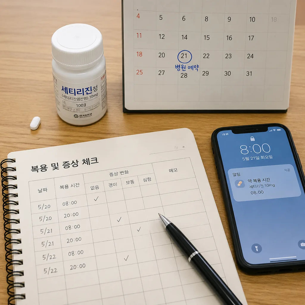 복약 추적을 위해 약 복용 시간과 증상 변화를 기록하는 체크리스트