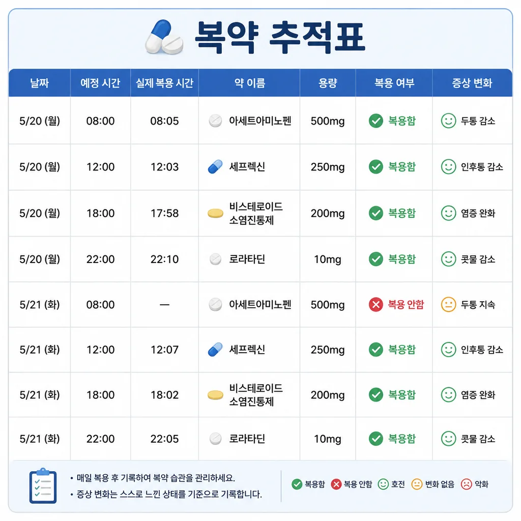 복약 추적에 필요한 기본 항목을 정리한 표