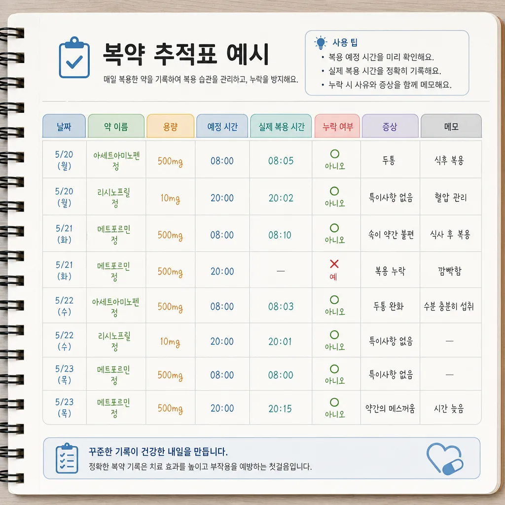 복용 시간과 누락 여부를 확인하는 복약 추적표