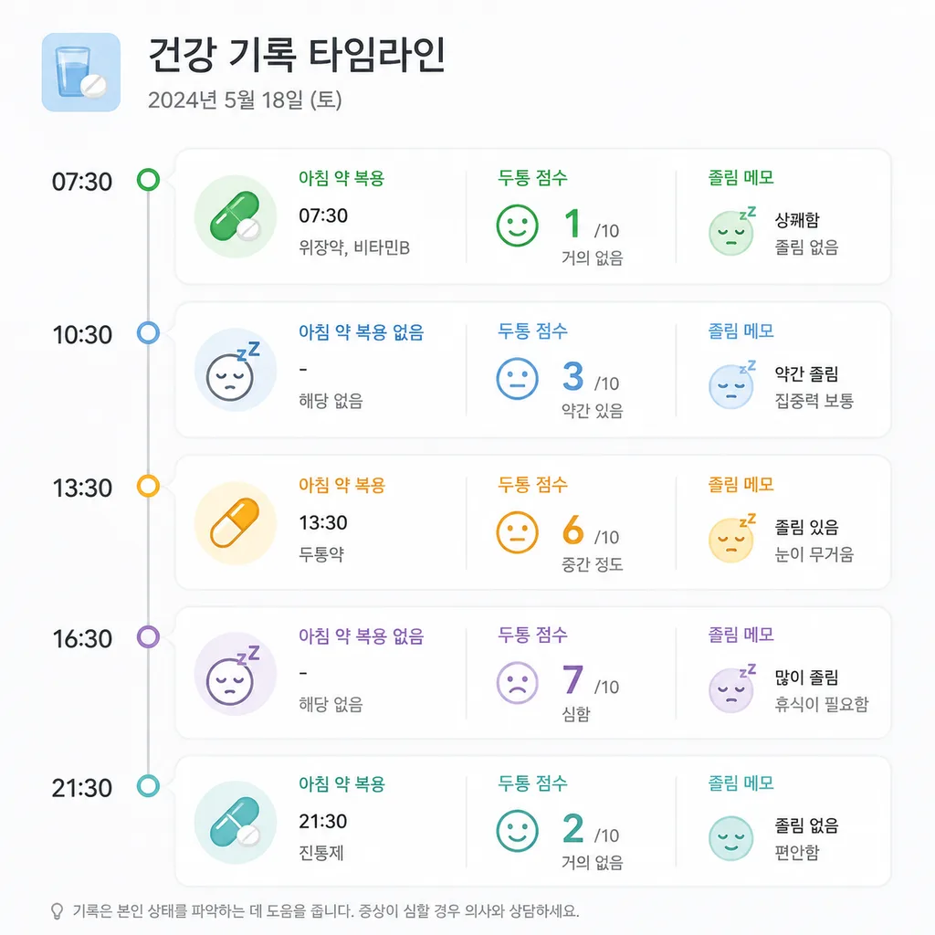 약 복용 전후 증상 변화를 함께 보는 복약 추적 타임라인