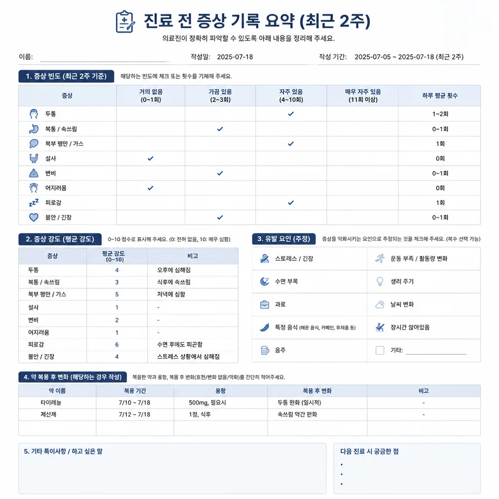 진료 전 증상 기록 요약 예시